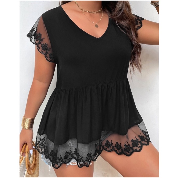 BellanBlue Tops - Plus Black Floral Ruffle Sleeve Blouse